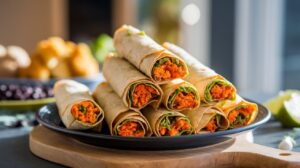 A stack of rolled tortillas filled with orange shredded vegetables and greens is arranged on a black plate, set on a wooden board with a blurred background.