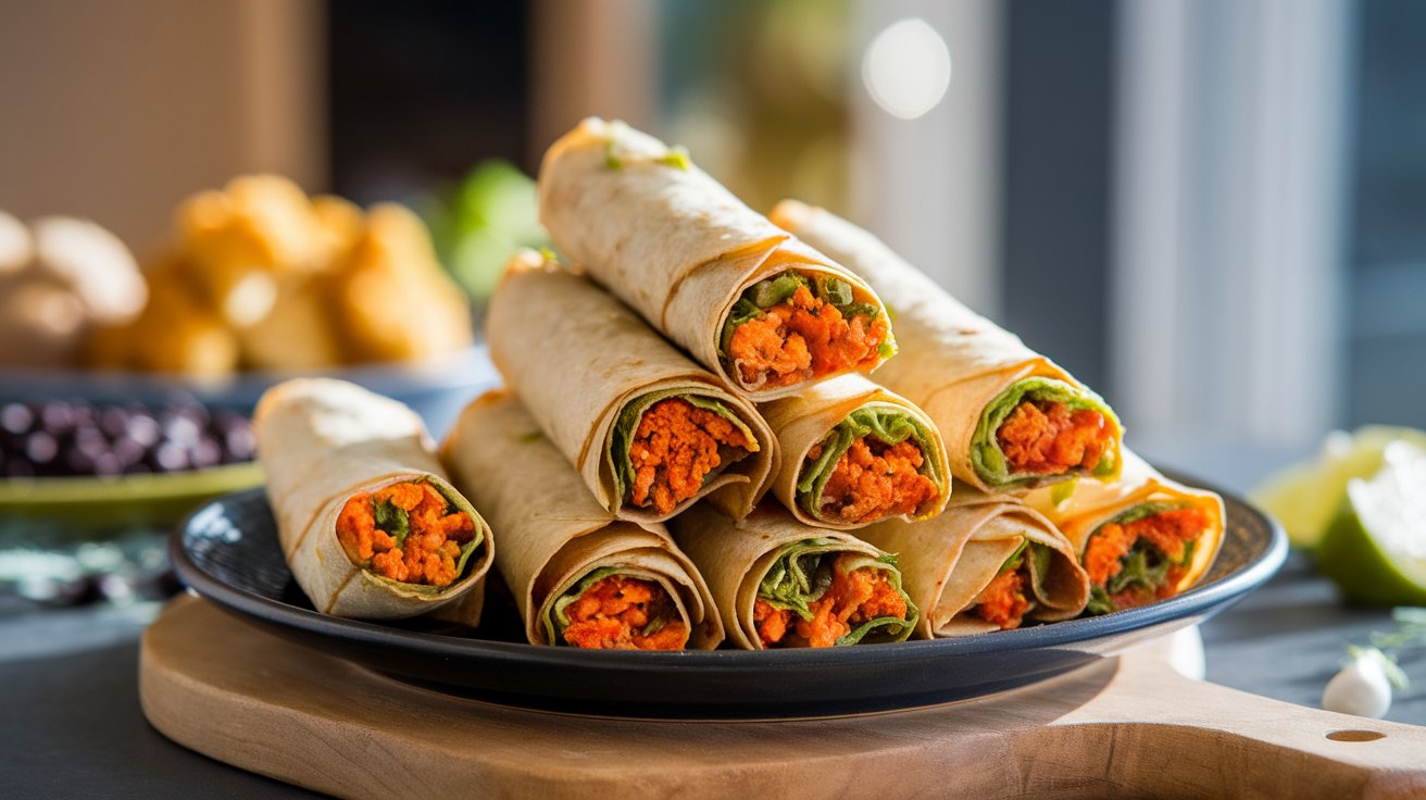 A stack of rolled tortillas filled with orange shredded vegetables and greens is arranged on a black plate, set on a wooden board with a blurred background.
