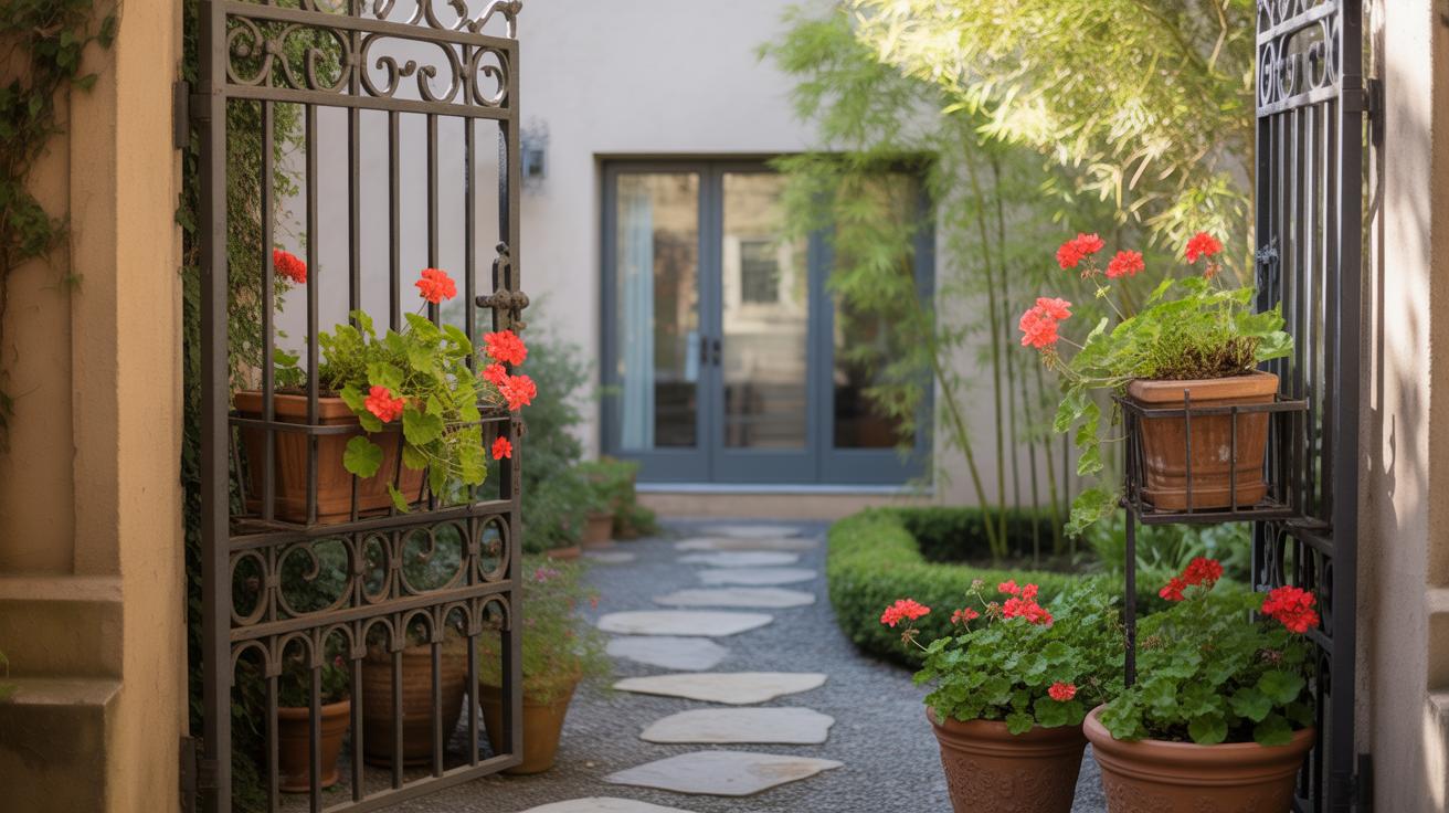 A stone path leads through an open wrought iron gate into a courtyard garden with potted red geraniums, lush green plants, and a building with large glass doors in the background.