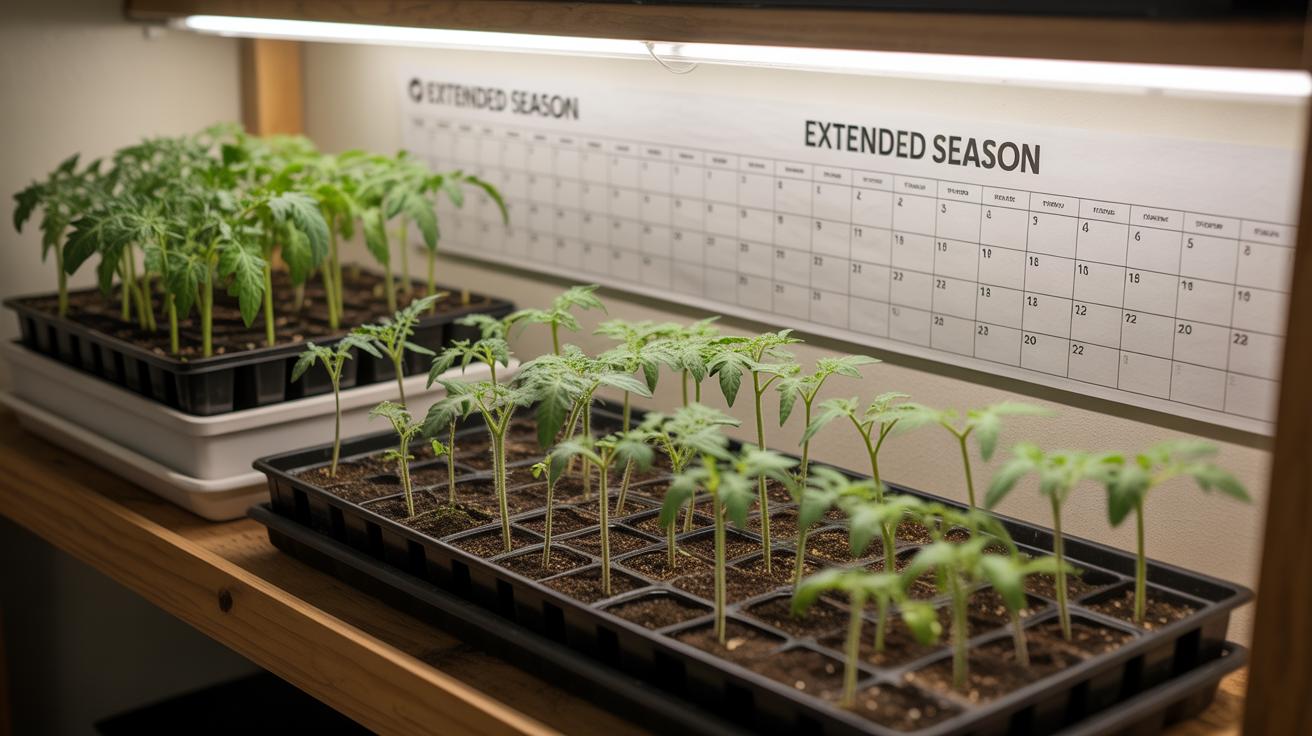 Seedlings grow in trays under an LED light, with a calendar labeled Extended Season displayed on the wall behind, suggesting an indoor gardening setup for year-round plant cultivation.