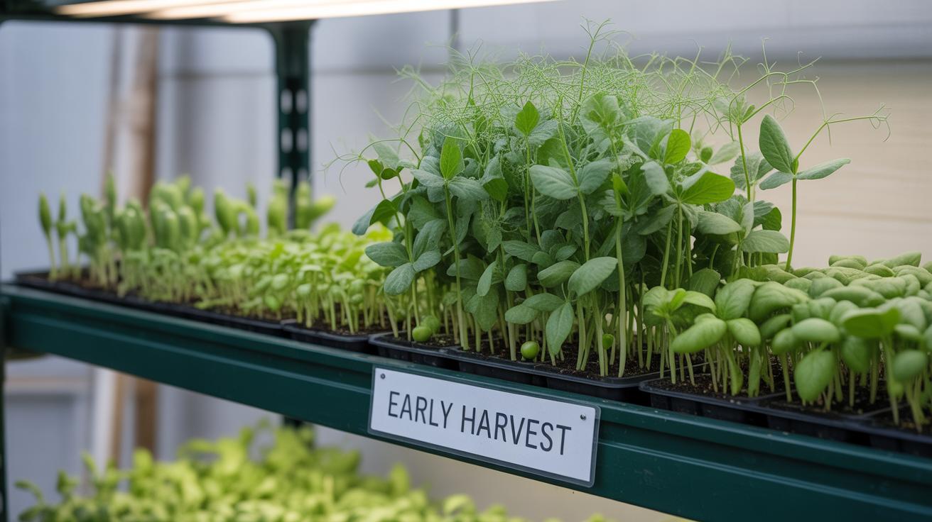 Trays of young green plants growing under a light on a metal shelf labeled EARLY HARVEST in a greenhouse or indoor garden setting.