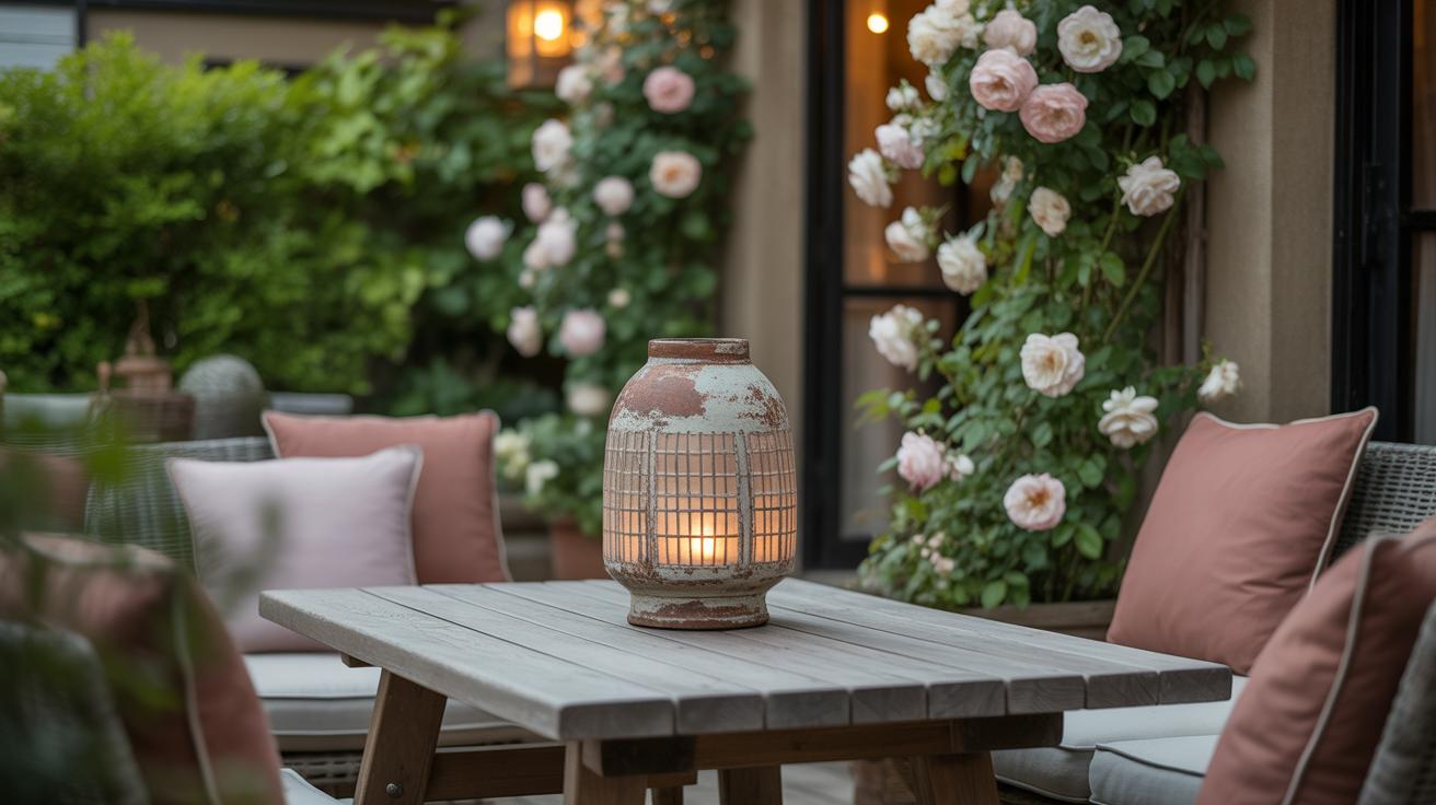 A cozy outdoor patio features a wooden table with a lit lantern, surrounded by cushioned seating and blooming rose bushes against a leafy green background.