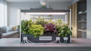A countertop indoor garden with lush green and purple leafy vegetables growing under bright LED grow lights, labeled “Fresh & Local,” in a modern kitchen setting.