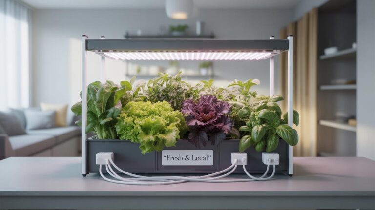 A countertop indoor garden with lush green and purple leafy vegetables growing under bright LED grow lights, labeled “Fresh & Local,” in a modern kitchen setting.