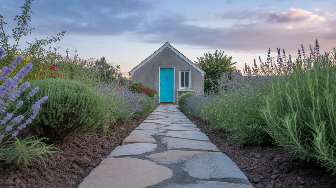 Stone path leads through a garden with lush green plants and purple flowers to a small house with a bright turquoise door, under a partly cloudy evening sky.