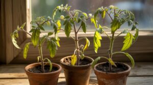 Three young tomato plants in small terracotta pots are placed on a wooden windowsill, with sunlight streaming through the window and highlighting the green leaves.
