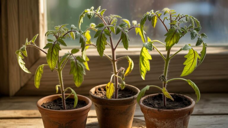 Three young tomato plants in small terracotta pots are placed on a wooden windowsill, with sunlight streaming through the window and highlighting the green leaves.