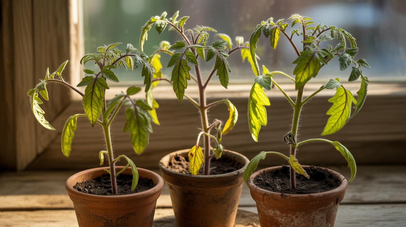 Three young tomato plants in small terracotta pots are placed on a wooden windowsill, with sunlight streaming through the window and highlighting the green leaves.