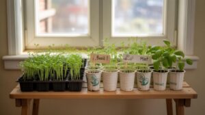 Seedlings and young herbs, including basil and mint, grow in labeled pots and trays on a wooden table by a bright window, with natural light streaming in.