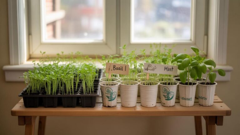 Seedlings and young herbs, including basil and mint, grow in labeled pots and trays on a wooden table by a bright window, with natural light streaming in.