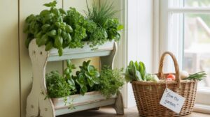 A small two-tiered wooden shelf holds fresh potted herbs next to a wicker basket filled with garden vegetables and a tag reading from the garden, all arranged on a windowsill in natural light.