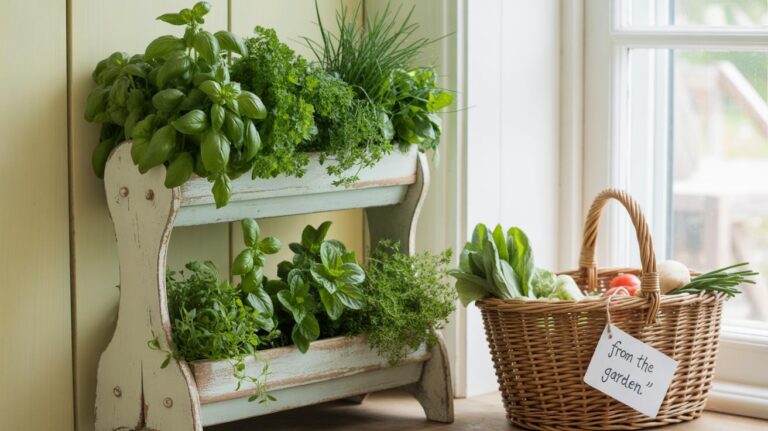 A small two-tiered wooden shelf holds fresh potted herbs next to a wicker basket filled with garden vegetables and a tag reading from the garden, all arranged on a windowsill in natural light.