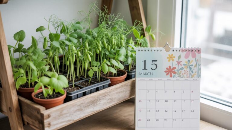 A calendar open to March 15 sits on a wooden shelf next to several pots of young green plants, with natural light coming through a nearby window.