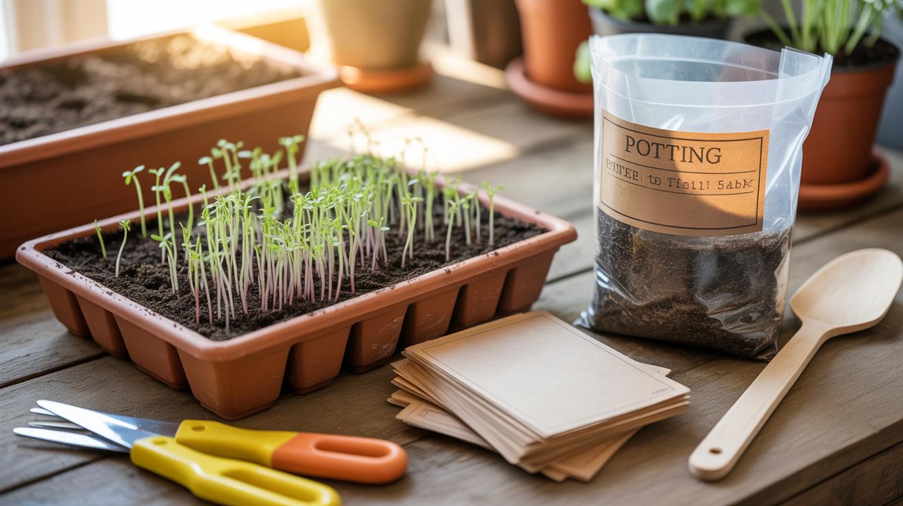 A tray of green seedlings growing in soil sits on a table beside a bag of potting mix, blank plant labels, scissors, and a wooden spoon, with more potted plants in the background.