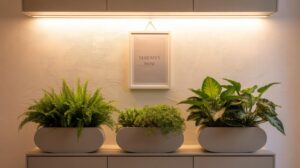 Three potted green plants are arranged on a modern cabinet under warm lighting, with a framed sign above that reads “SERENITY NOW” against a textured white wall.