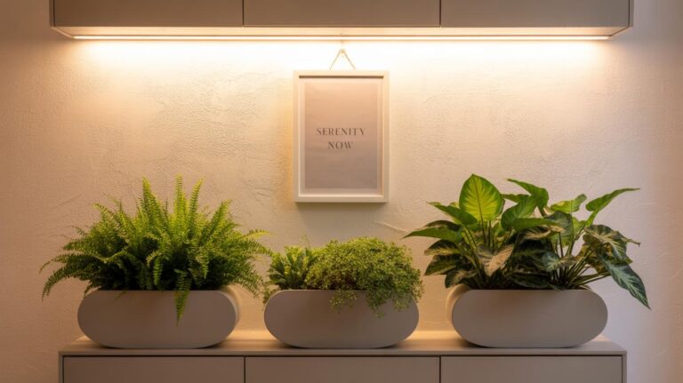 Three potted green plants are arranged on a modern cabinet under warm lighting, with a framed sign above that reads “SERENITY NOW” against a textured white wall.