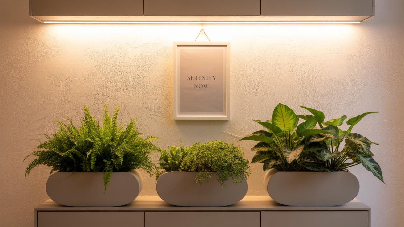 Three potted green plants are arranged on a modern cabinet under warm lighting, with a framed sign above that reads “SERENITY NOW” against a textured white wall.
