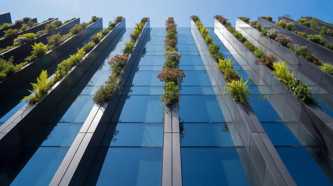 A modern glass building with vertical black panels featuring lush green plants growing in rows, seen from a low angle against a clear blue sky.