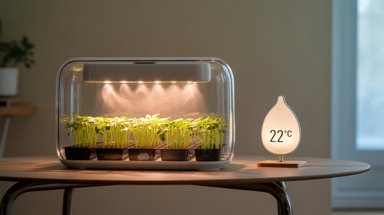 A tabletop indoor smart garden with green seedlings growing under LED lights sits next to a digital temperature display showing 22°C, both placed on a round wooden table in a softly lit room.