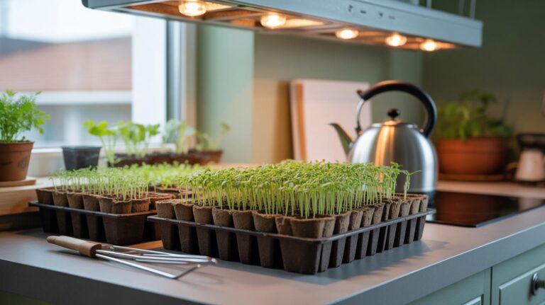 Seedlings sprouting in small pots are arranged on a kitchen counter under warm grow lights near a window. A kettle and potted plants sit nearby, contributing to a cozy, indoor gardening scene.