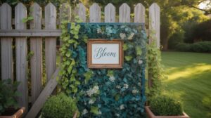 A wooden fence with a framed sign reading Bloom is decorated with lush green ivy and white flowers, surrounded by neatly trimmed plants and a bright, sunlit lawn.