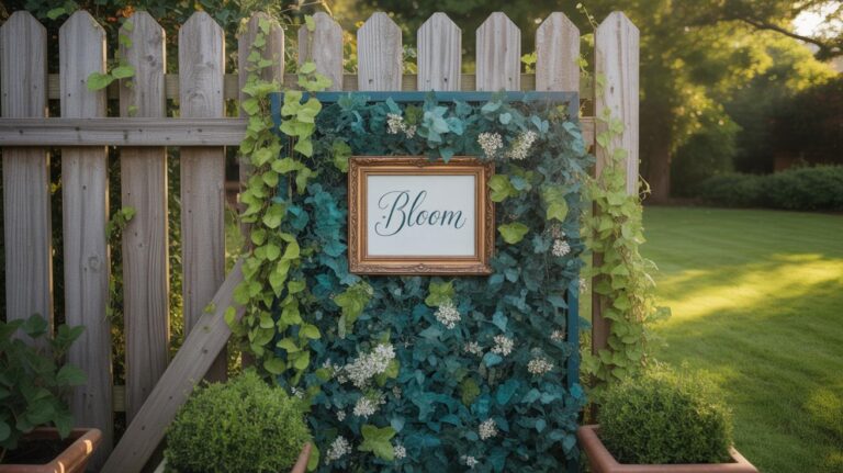 A wooden fence with a framed sign reading Bloom is decorated with lush green ivy and white flowers, surrounded by neatly trimmed plants and a bright, sunlit lawn.