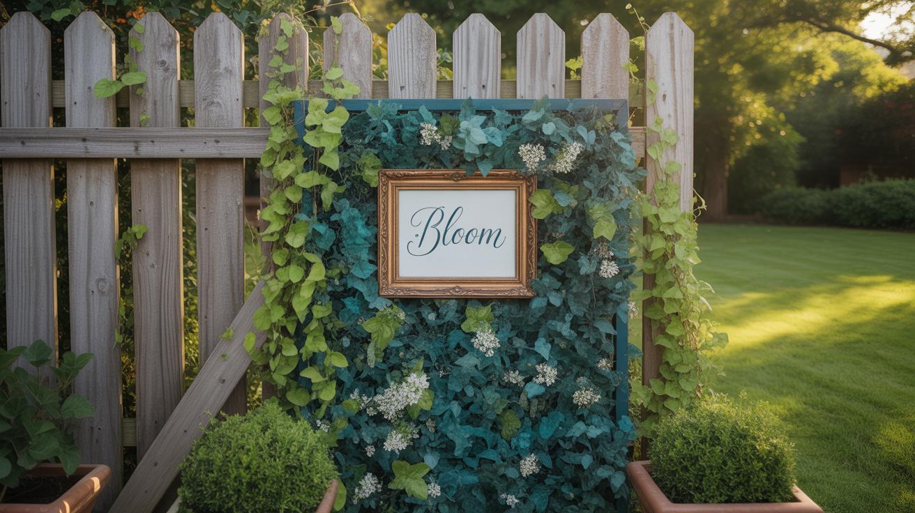 A wooden fence with a framed sign reading Bloom is decorated with lush green ivy and white flowers, surrounded by neatly trimmed plants and a bright, sunlit lawn.