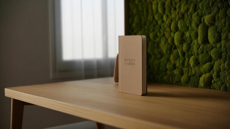 A beige notebook with REFLECT & GROW on its cover stands upright on a wooden desk beside a green moss wall, with natural light coming from a nearby window.