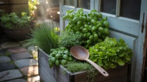A wooden planter box filled with fresh herbs, including basil, chives, and thyme, sits by a vintage door outdoors. A wooden spoon rests on the box, and sunlight filters through the garden in the background.