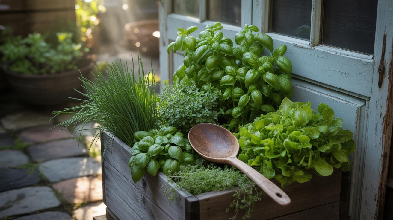 A wooden planter box filled with fresh herbs, including basil, chives, and thyme, sits by a vintage door outdoors. A wooden spoon rests on the box, and sunlight filters through the garden in the background.