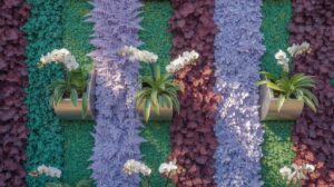 Three metallic pots with white orchids are mounted on a vibrant vertical garden wall featuring textured stripes of green, purple, lavender, and burgundy foliage.