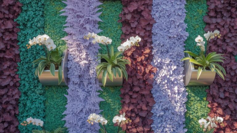 Three metallic pots with white orchids are mounted on a vibrant vertical garden wall featuring textured stripes of green, purple, lavender, and burgundy foliage.