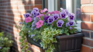A black window box attached to a brick wall holds purple and pink petunias, light blue flowers, and trailing green ivy, all blooming vibrantly near a window.