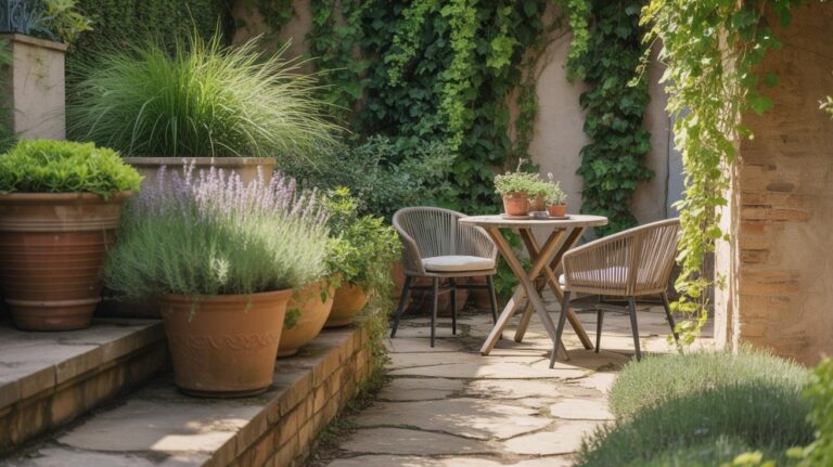A cozy garden patio with potted plants, a round table, and two chairs sits on stone paving, surrounded by climbing vines and lush greenery in soft sunlight.
