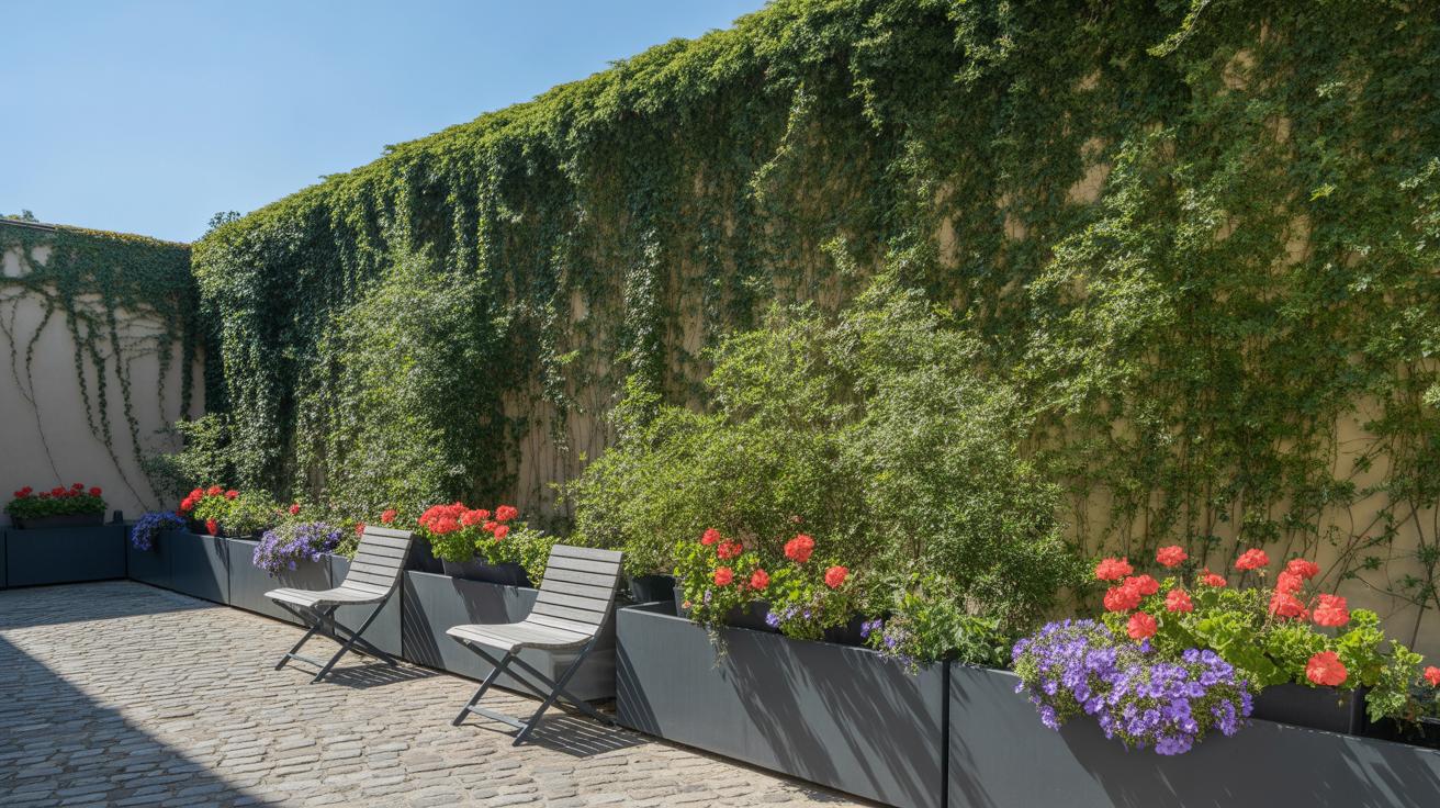 A sunny courtyard with two empty chairs facing raised planters filled with bright red and purple flowers. Tall green vines and plants cover the wall behind the seating area. The ground is paved with cobblestones.