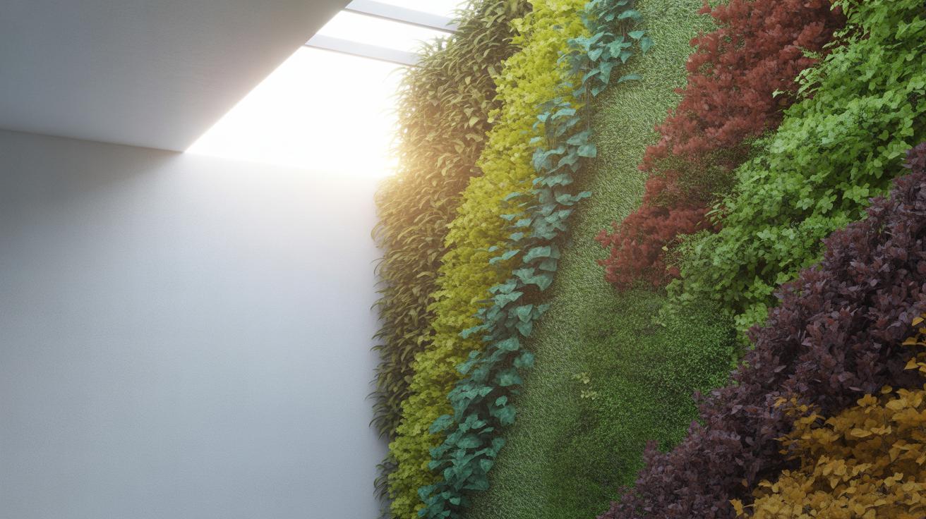 A green wall indoors features various colorful plants arranged in vertical patterns, illuminated by sunlight streaming through a nearby skylight.