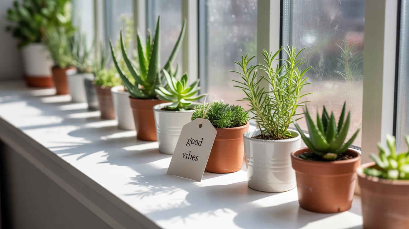 Several small potted plants lined up on a sunny windowsill, with a tag reading good vibes placed among them. Sunlight streams through the window, casting soft shadows.