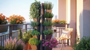 A sunny balcony with various potted plants and flowers, including a tall vertical planter filled with herbs and greenery. An empty wooden chair and small table sit in the background, creating a cozy atmosphere.