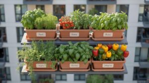 A balcony garden with two shelves holding labeled pots of basil, thyme, roma tomatoes, yellow and red bell peppers, and jalapeño, set against a backdrop of apartment buildings.