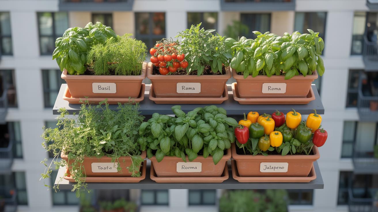 A balcony garden with two shelves holding labeled pots of basil, thyme, roma tomatoes, yellow and red bell peppers, and jalapeño, set against a backdrop of apartment buildings.