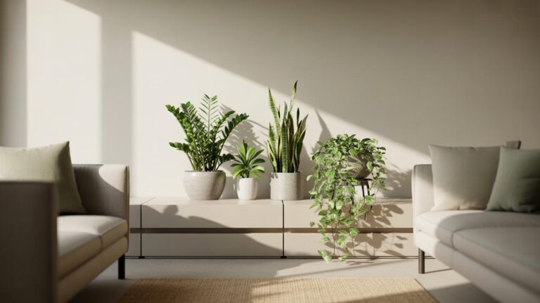 A bright living room with neutral sofas, a light rug, and several green potted plants on a low cabinet. Sunlight streams in, casting shadows on the wall and floor.