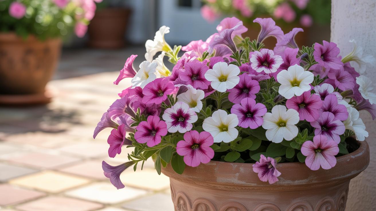 A terracotta pot filled with blooming pink, purple, and white petunias sits on a sunlit patio with paving stones and other potted plants in the background.