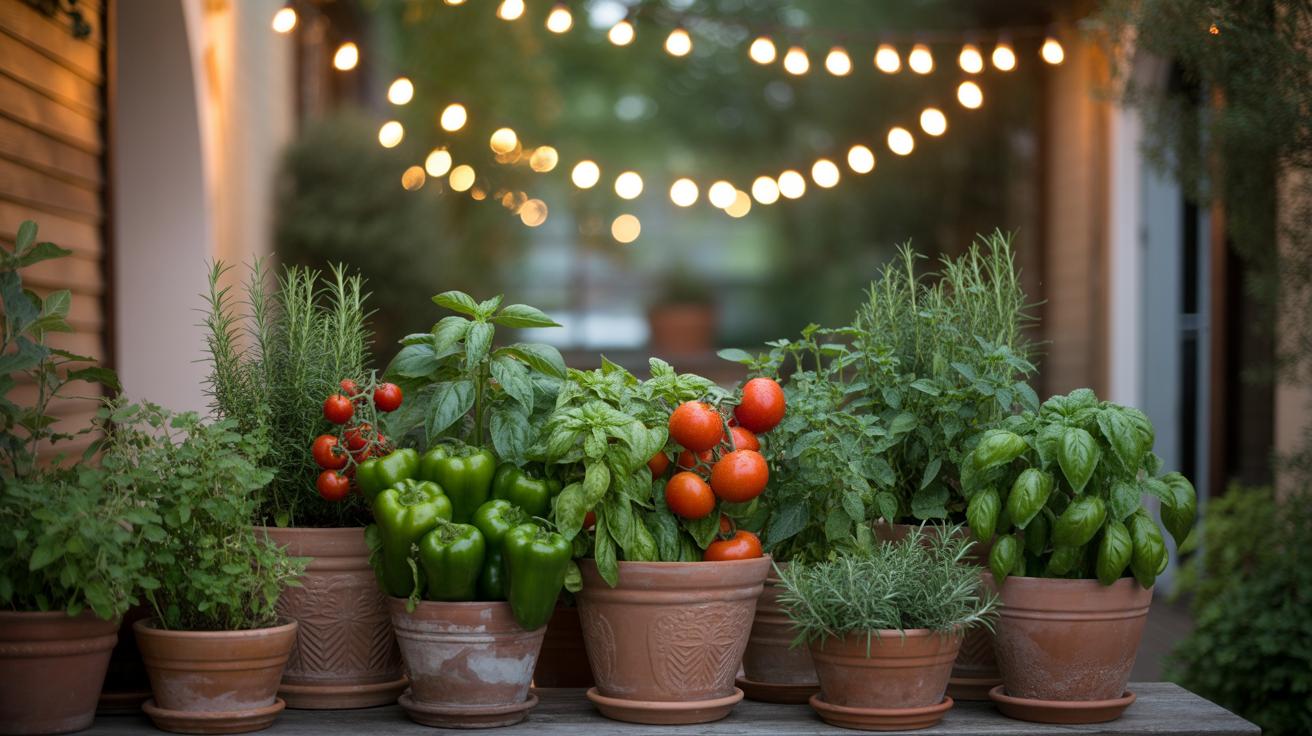 A variety of potted herbs, green peppers, and ripe tomatoes are arranged on a table outdoors, with string lights glowing softly in the background.