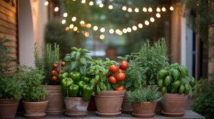 Several terracotta pots with thriving green herbs, tomatoes, and bell peppers sit on a wooden table outdoors. Warm string lights hang above, creating a cozy garden atmosphere in the background.