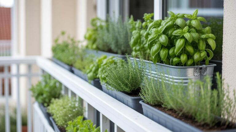 Metal and plastic containers filled with lush green herbs are arranged neatly on a white balcony railing beside a window. The herbs appear healthy and well-maintained, creating a small urban garden.