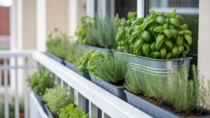 Metal and plastic containers filled with various green herbs, such as basil and thyme, are neatly arranged on shelves along a balcony railing beside a window.
