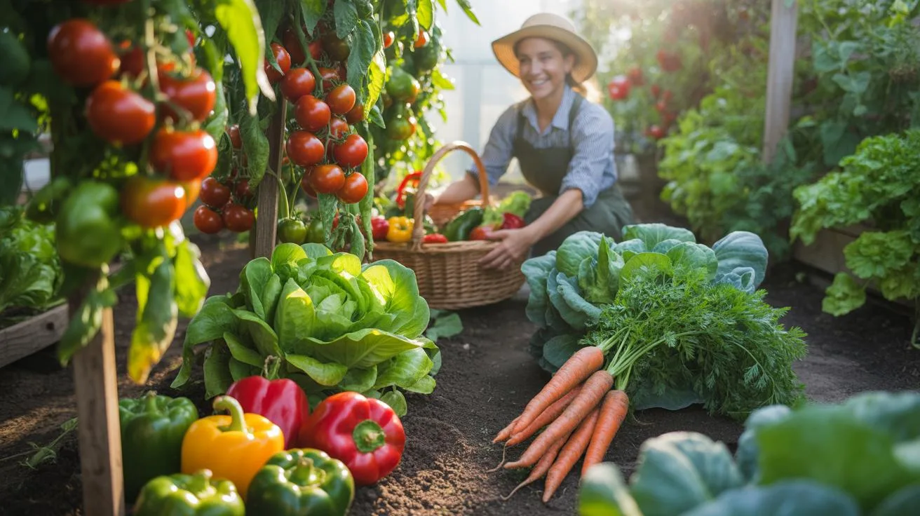 A smiling young woman in a straw hat and denim apron crouches in a lush greenhouse, holding a woven basket overflowing with freshly harvested vegetabl