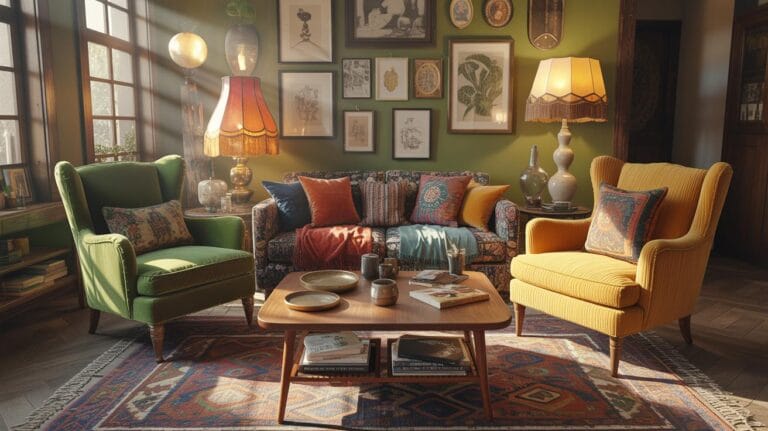 A cozy, eclectic living room features a green wingback armchair, a patterned sofa with colorful pillows, and a yellow wingback armchair, all arranged