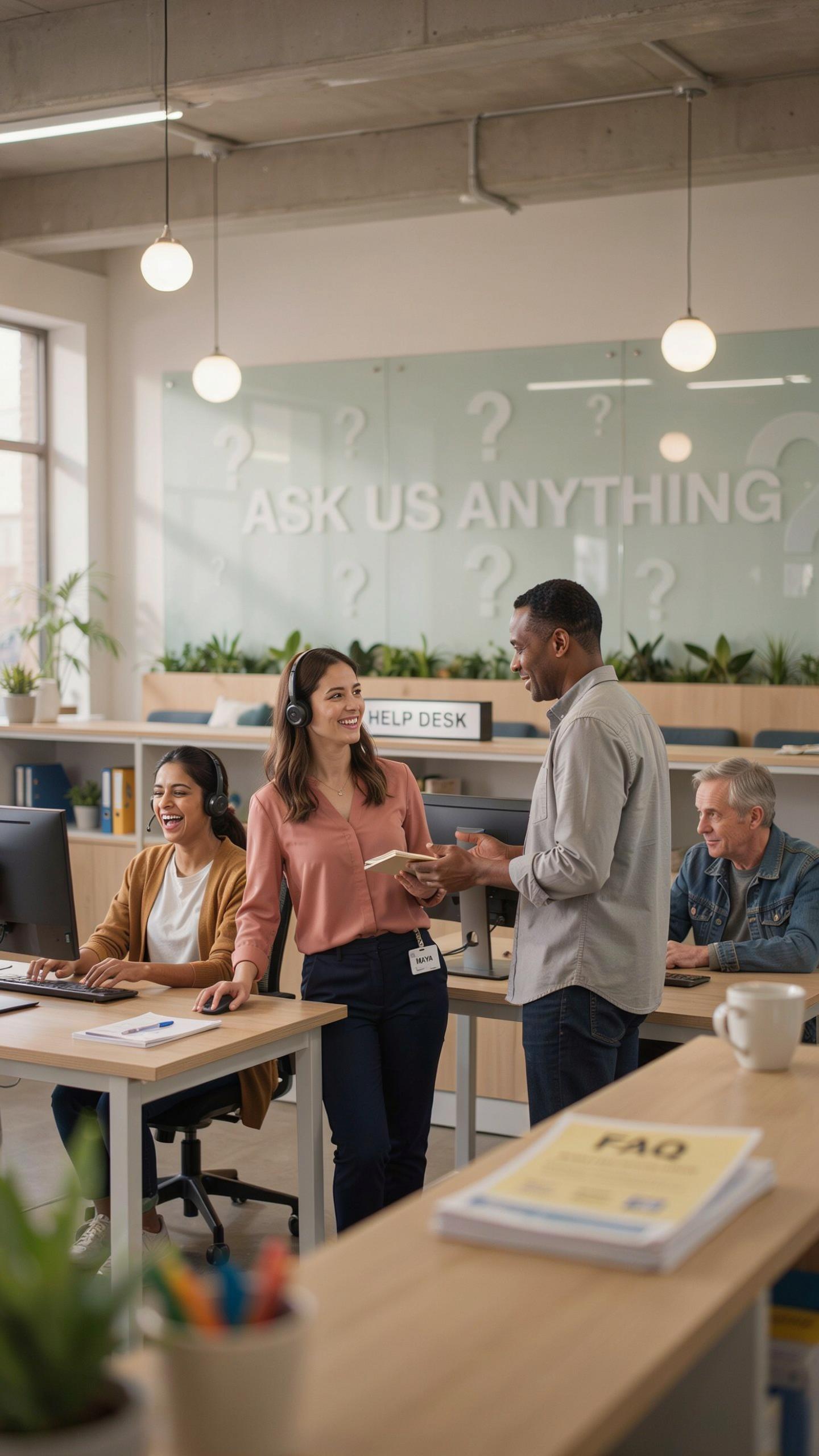 A diverse group of customer service representatives, some wearing headsets, work in a modern call center office with a clear glass wall featuring the