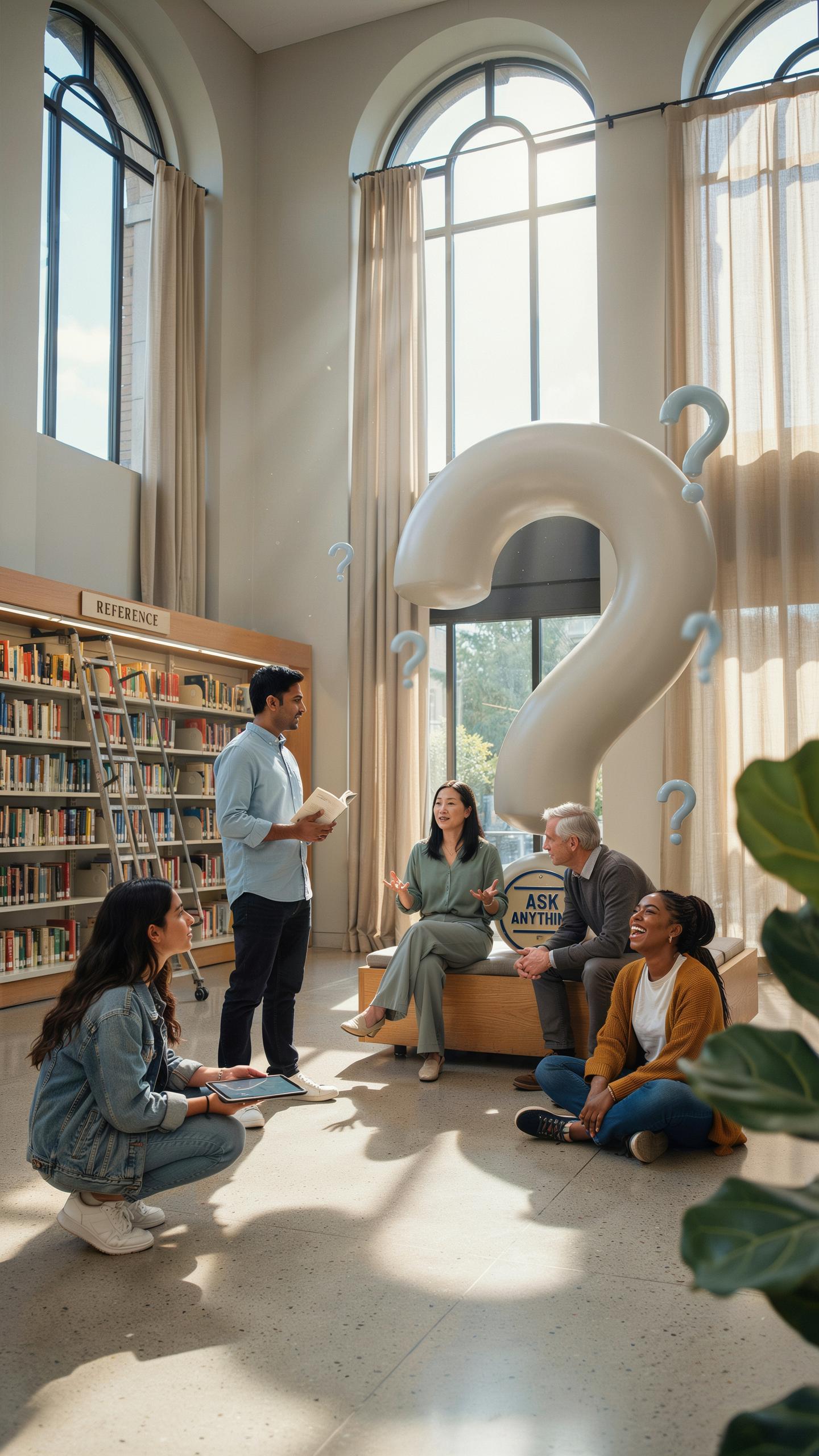 A diverse group of five adults, some sitting and some standing, are engaged in conversation in a sunlit library with tall arched windows and bookshelv